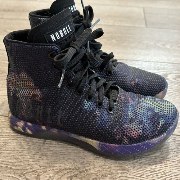 NoBull Superfabric Trainer Shoes Hi Top Black Purple Pattern Workout Mens 3.5/W5 - Picture 1 of 7